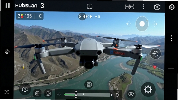Hubsan 3 实时图传界面,显示无人机航拍画面与飞行参数叠加,画面中有山川河流,天气晴朗,突显高清流畅的图传效果