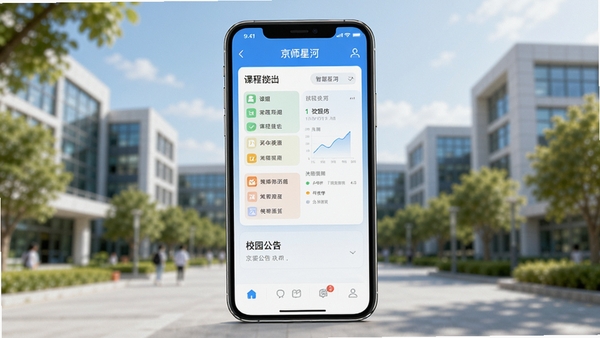 չʾ��ʦ�Ǻ�APP�����棬����������һ�������ֻ�����Ļ����ʾ�γ̱���У԰������ںϽ��棬������ģ�����ִ���У԰����������������ɫ������������ͻ���ǻ�У԰�����⣬����ϸ�ڷḻ����ͼƽ�⡣