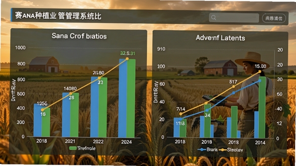 赛娜种植业管理系统产量效益分析图表界面,显示柱状图与折线图对比不同作物效益,背景为丰收的农田,展现其数据分析能力