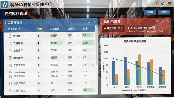 赛娜种植业管理系统物资库存管理界面,以列表和图表形式展示农资库存数量与预警信息,背景为仓库货架,突出其监管功能