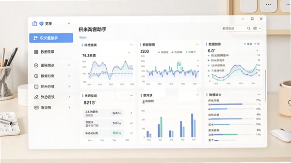 积米淘客助手主界面预览图,展示软件整体布局,左侧功能列表,右侧数据面板,背景为浅色工作台,整体风格简洁明亮