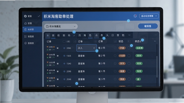 积米淘客助手订单处理界面,展示订单列表和状态标签,背景为软件后台,强调自动化处理流程