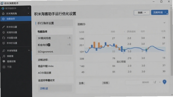 积米淘客助手运行优化设置界面,展示性能选项,背景为软件设置页面,强调流畅运行