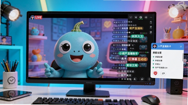 小葫芦直播助手弹幕互动增强功能示意图,屏幕中央显示直播画面,右侧弹幕列表滚动呈现,包含关键词高亮和屏蔽设置面板,背景为明亮的直播工作台,色彩鲜明