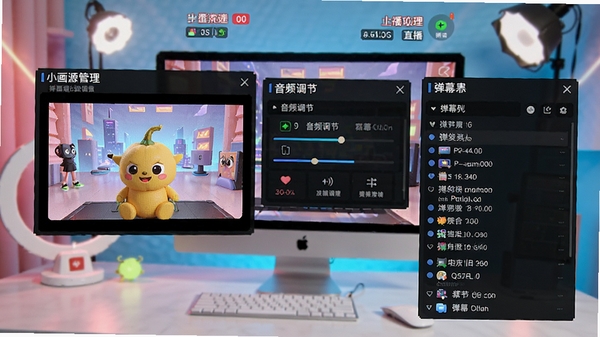 小葫芦直播助手直播工具集成功能展示,画面分为多个功能区域,显示画面源管理、音频调节、弹幕列表等模块,背景为直播间场景,色调明亮,界面清晰