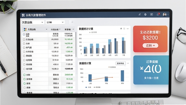 长和欠款管理软件主界面预览图,展示清晰的欠款台账列表、数据统计图表以及醒目的还款提醒卡片,整体风格简洁商务,背景为浅灰色桌面环境,图标清晰可辨,体现专业与高效