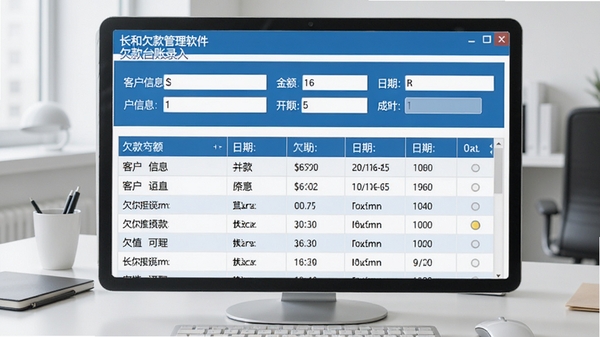 长和欠款管理软件欠款台账录入界面,显示客户信息、金额、日期等输入框,以及下方整齐排列的欠款记录列表,界面采用蓝白配色,数据字体清晰,背景为干净的办公桌面