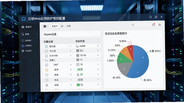云锁Web应用防护规则配置界面,展示拦截记录与攻击类型统计饼图,背景为服务器机柜灯光效果,强调网络安全防护的实时性与精准性