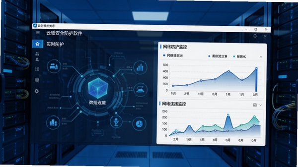 云锁安全防护软件主界面预览,展示实时防护面板与网络连接监控图表,背景为深蓝色科技感机房服务器阵列,突出软件的专业性与数据可视化效果