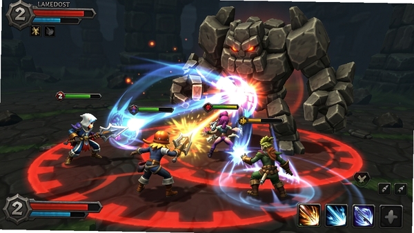 ð�յ�2�ŶӸ���ս�����棬������ְͬҵ�Ľ�ɫ���ں�������һ���޴��ʯͷ��Boss�������к�ɫ����Ԥ��Ȧ����ɫ�ͷż��ܵĹ�Ч��֯�����漤�ң�UI������ʾѪ���뼼����