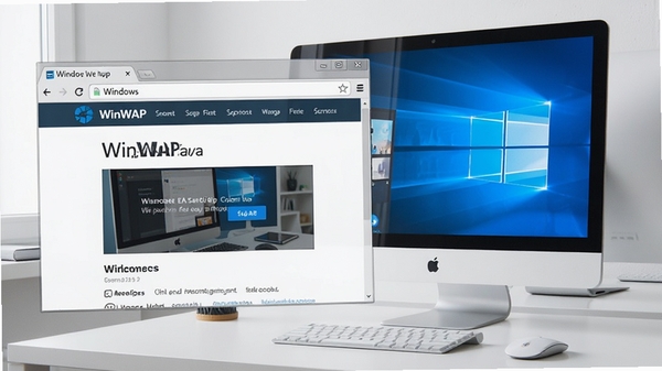 WinWAP for Windows在Windows桌面运行的界面预览图,简约的浏览器窗口展示着网页内容,背景是一台现代办公台式机,画面清晰,光线均匀