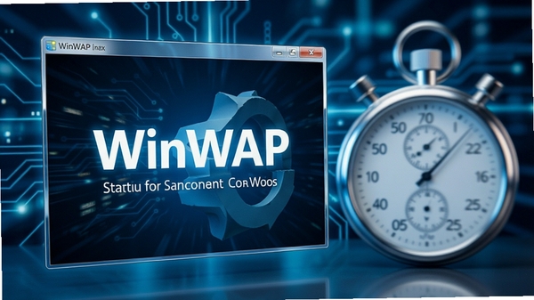 WinWAP for Windows启动速度展示图,高速快门捕捉到程序窗口瞬间开启,旁边有秒表虚化背景,整体风格科技感强,突出快速响应特性