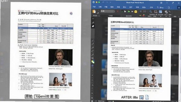 王牌PDF转Word转换效果对比图,左侧为原始PDF文件截图,右侧为转换后的Word文档截图,两者版式几乎一致,重点突出表格和图片的还原效果