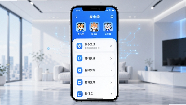 泰小虎应用主界面预览图,展示智能生活服务功能模块,背景为现代简约风格,手机屏幕居中,画面清晰明亮,突出应用图标与功能列表,整体色调为蓝色系,符合科技感与实用性。