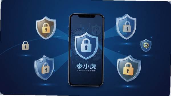 泰小虎安全防护功能示意图,画面中央为智能手机,周围环绕盾牌、锁形图标,背景为深蓝色渐变,突出隐私保护与安全检测,风格简洁专业。
