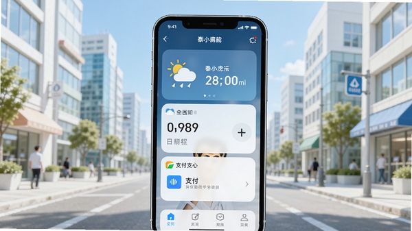 泰小虎智能生活服务功能展示图,画面中手机屏幕显示天气、日程、支付等模块,背景为干净明亮的城市街景,色彩清新,突出应用的便捷与全面性。