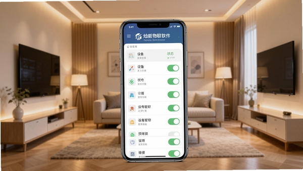 灿能物联软件主界面预览图,画面中央为手机屏幕展示设备列表与状态开关,背景为现代简约的智能家居客厅,暖色调灯光,整体风格干净明亮,突出软件的品牌名称与设备管理核心功能