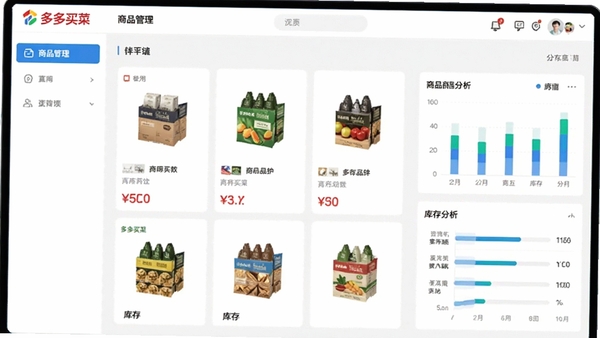 多多买菜门店端商品管理界面,展示商品图片、价格、库存数量,背景简洁,数据可视化图表辅助分析,体现智能化的商品管理体验。