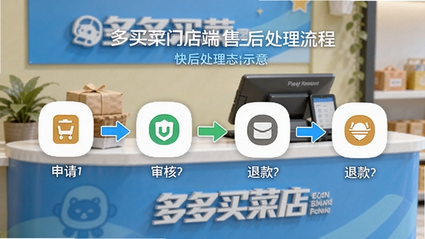 多多买菜门店端售后处理流程示意,包含申请、审核、退款等步骤,图标清晰,色彩明快,背景为服务台场景,强调快捷解决售后问题的能力。