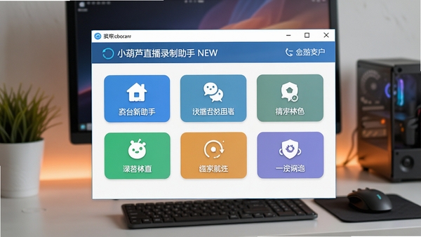 小葫芦直播录制助手NEW软件主界面预览图,展示其简洁的布局和主要功能按钮,背景为现代风格的电脑桌面环境,画面主体突出软件窗口,色彩明亮清晰