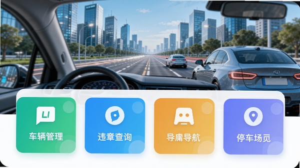 好安心车主助手APP主界面预览图,展示车辆管理、违章查询、停车场导航等核心功能卡片,背景为现代城市道路与汽车元素,界面风格清新简洁,色彩明快,突出智能便捷的车主服务场景