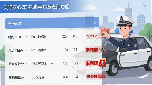 好安心车主助手违章查询功能界面截图,显示车辆违章列表,包含时间地点扣分罚款信息,背景有交警执法场景插画,界面清晰易读,红色标记未处理状态