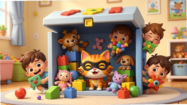 勇敢躲猫猫游戏主视觉图,画面中央是一个巨大的立体玩具箱作为核心场景,箱内散落着积木、玩偶和彩色球,背景是温馨的儿童房,勇敢躲猫猫的角色们一只戴着眼罩的橘猫和几个抱着玩具的小孩,正以夸张的姿势躲藏在箱子的各个角落,画面色彩明快,光影柔和,采用3D卡通渲染风格,突出游戏欢乐、童趣的氛围。