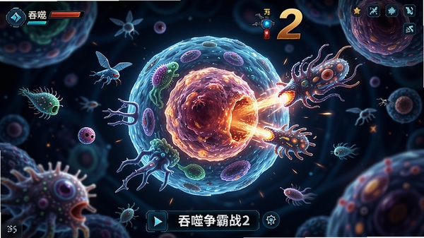 吞噬争霸战2游戏主视觉图,展示细胞吞噬进化的宏大场景,画面中央是一个巨大的发光细胞正在吞噬周围小生物,背景是深邃的微观世界,色彩鲜艳,细节丰富,充满动感与力量感,游戏界面元素清晰可见,整体风格科幻炫酷。