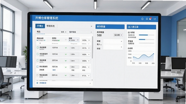 开博仓库管理系统主界面截图,展示商品列表、库存数量、出入库记录等核心功能模块,背景为现代简约风格的办公室环境,色调以蓝白为主,画面清晰明亮,突出软件的专业性与易用性