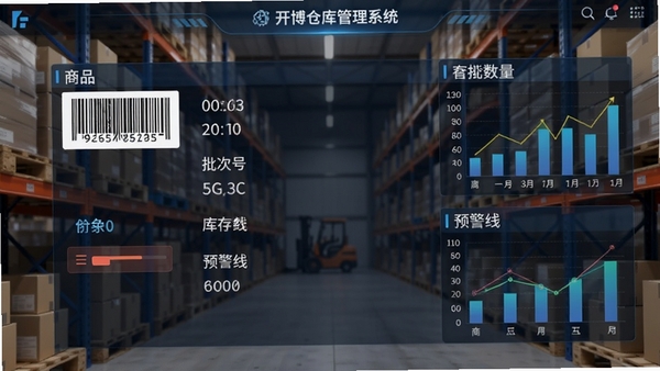 开博仓库管理系统库存管理界面,显示商品条码、批次号、库存数量、预警线等数据,背景为仓库货架,采用数据可视化图表风格,突出智能化管理特点