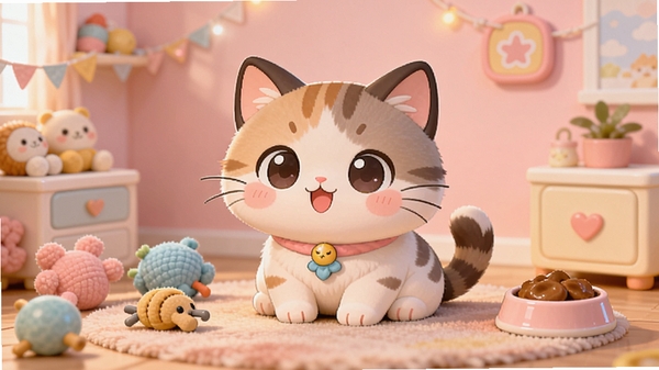 软萌宠物乐园主界面展示,一只可爱的卡通猫咪在温馨的房间里,周围有玩具和食物,背景是柔和的粉色墙壁,整体明亮治愈,Q版风格,细节丰富,适合作为应用宣传图。