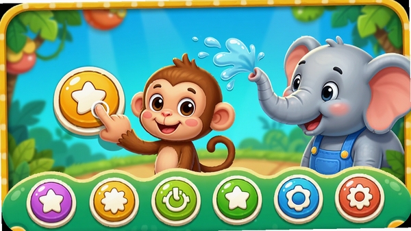 动物剧场互动操作界面高清截图,画面中一只小猴子正在用手指点击屏幕上的按钮,旁边一只大象用鼻子喷水,界面下方有多个彩色圆形操作图标,整体UI设计圆润可爱,色彩明亮,截图风格清晰,细节丰富