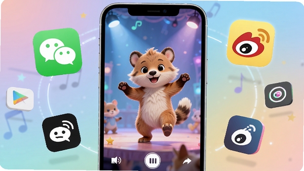 动物剧场视频分享功能界面图,画面中一部手机屏幕里正在播放小动物跳舞的视频,手机周围有微信、微博等社交APP的分享图标悬浮,背景为柔和的渐变色,构图突出分享主题,科技感与趣味性结合