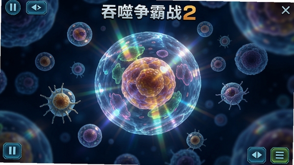 吞噬争霸战2游戏主界面截图,画面中央一个巨大的彩色细胞体,周围环绕着多个小型细胞,背景为深邃的蓝色微观世界,光线透过细胞膜折射出梦幻光晕,UI按钮分布在屏幕角落,整体风格科幻绚丽,适配手机竖屏显示