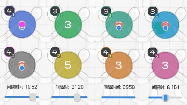 自动秒点击连点器多点设置界面,屏幕上漂浮着多个彩色圆形点击标记,每个标记旁边有数字编号,下方是间隔时间调节滑块,背景为浅灰色网格,整体风格简洁直观