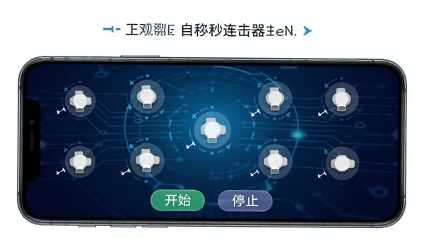 自动秒点击连点器主界面展示,手机屏幕上有多个可拖动的点击控制点,背景为深蓝色科技感渐变,手机底部显示开始与停止按钮,整体画面清晰明亮,突出自动点击功能主题