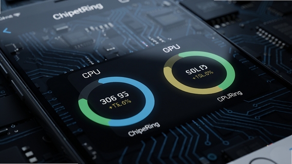 һ�������ֻ���Ļ��д����Ļ����ʾChipletRingӦ�õ��Ǳ��̽��棬����CPU��GPU��ʵʱռ���ʻ���ͼ������Ϊ��ɫ�Ƽ��е�·�����������߾۽�����Ļ���룬���дʵ��������Ⱦ
