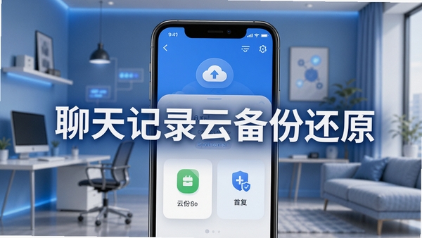 聊天记录云备份还原软件主界面预览图,展示手机屏幕中云端备份与恢复的两大核心功能模块,背景为现代简约风格的办公室或居家环境,整体色调以蓝色和白色为主,突显科技感与安全感,画面中央突出“聊天记录云备份还原”字样