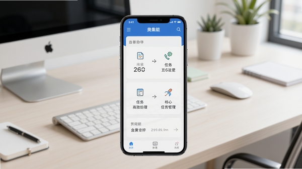 奥集能软件主界面预览图,画面主体为手机屏幕展示的奥集能应用功能面板,背景为浅色系现代办公桌面,整体风格明亮简洁,突出软件高效协同与任务管理的核心特色