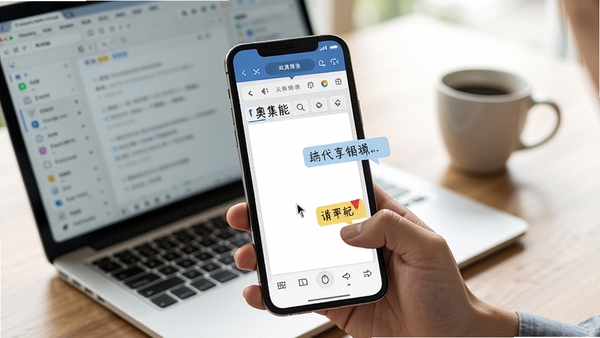 奥集能文档协同编辑场景图,画面聚焦手机屏幕上的共享文档编辑界面,带有光标和批注气泡,背景为办公桌上的笔记本电脑与咖啡杯,营造实时协作氛围,强调云端同步与团队沟通功能