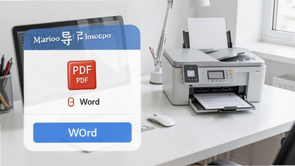 字词句段出题器导出界面,显示PDF和Word导出选项,背景为白色办公桌,有打印机的元素,突出便捷打印功能。