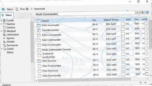 Multi Commander 文件搜索功能界面,输入关键词后显示搜索结果列表,左侧有筛选条件选项,界面清晰直观