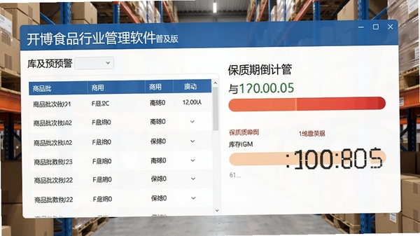 开博食品行业管理软件-普及版库存预警界面截图风格图,显示商品批次列表与保质期倒计时条,背景为仓储货架,画面强调数据清晰与预警提示