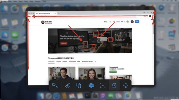 ShowMore截图标注功能操作演示,画面中显示一张被红色箭头和矩形框标记的网页截图,工具栏悬浮在截图下方,背景为模糊的电脑屏幕