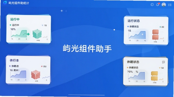 屿光组件助手功能示意图,展示四大组件分类统计界面,采用蓝色渐变底色,数据卡片悬浮设计,突出显示运行中与休眠状态对比,画面中央有屿光组件助手字样