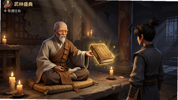 武林盛典游戏内奇遇任务场景预览图,画面是夜晚的破旧古庙内,一名老僧盘坐于蒲团上,向玩家角色递出一本散发金光的经书,周围烛火摇曳,尘埃在光线中飞舞,画面叙事感强,光影效果真实,营造出神秘且庄重的江湖氛围