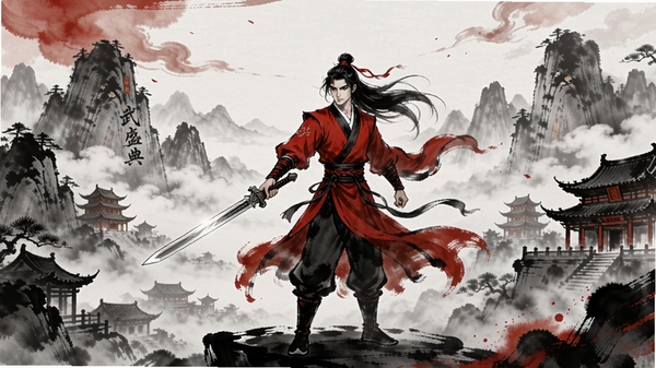 一幅充满东方古典韵味的水墨风格游戏宣传画,画面中央一位身着红衣侠客持剑而立,背景是云雾缭绕的群山与古建筑群,整体色调以朱红与墨色为主,强调武林盛典的宏大史诗感与武侠意境,人物动作飘逸,画面细节丰富,适合作为游戏首页主视觉