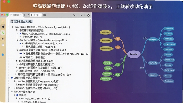 幕布思维导图转换功能演示,左侧为大纲文本,右侧自动生成彩色思维导图,节点分叉清晰,背景为纯色渐变,突出软件操作便捷性