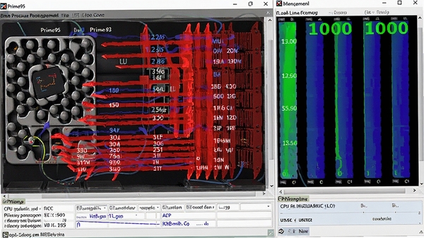 Prime95ѹ����������ʱ��CPU����״̬ͼ��������߳�ͬʱ�����������������ʾCPUʹ����100%���������ָ߸�������Ľ��ŸУ�ɫ���Ժ���Ϊ��