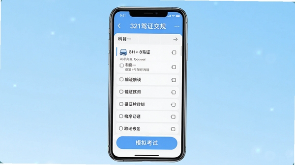321驾证交规主界面截图,展示题库列表与模拟考试按钮,背景为浅蓝色渐变,中央是手机界面模型,屏幕内显示科目一题目与选项,整体风格简洁明亮,突出软件名称与核心功能